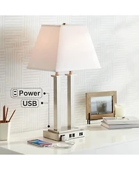 Possini Euro Design Amity Modern Table Lamp 26" High Brushed Nickel with Usb and Ac Power Outlet in Base White Linen Shade for Bedroom Bedside De