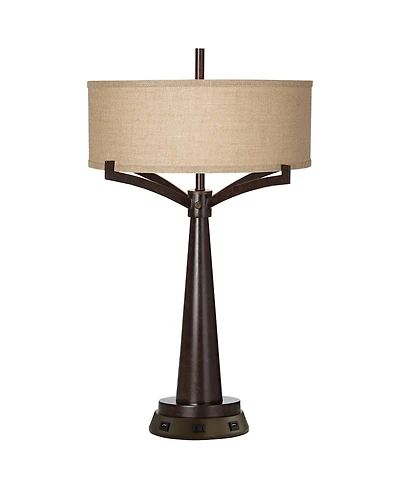 Franklin Iron Works Tremont Rustic Farmhouse Table Lamp 31 1/2" Tall with Usb and Ac Power Outlets in Base Bronze Iron Burlap Drum Shade for Bedroom L
