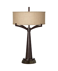 Franklin Iron Works Tremont Rustic Farmhouse Table Lamp 31 1/2" Tall with Usb and Ac Power Outlets in Base Bronze Iron Burlap Drum Shade for Bedroom L