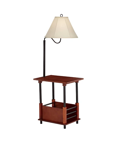Regency Hill Marville Mission Rustic Farmhouse Floor Lamp with End Table 55" Tall Wood Open Crate Swing Arm Off White Empire Shade for Living Roo