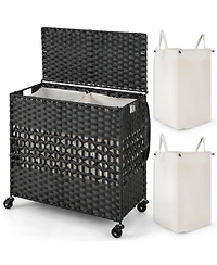 110L Laundry Hamper w/Wheels Clothes Basket w/Lid and Handle 2 Liner Bags
