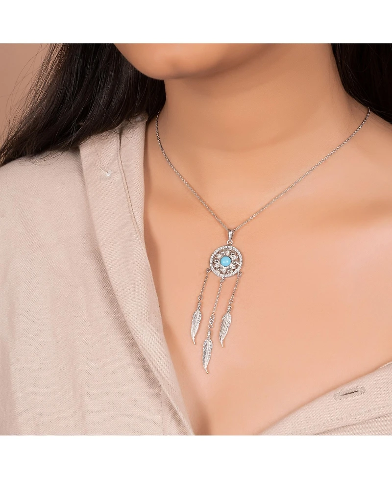 Bling Jewelry Western Synthetic Turquoise Accent Native American Indian Multi Feathers Leaf Dream Catcher Pendant Necklace For Women Oxidized Sterling
