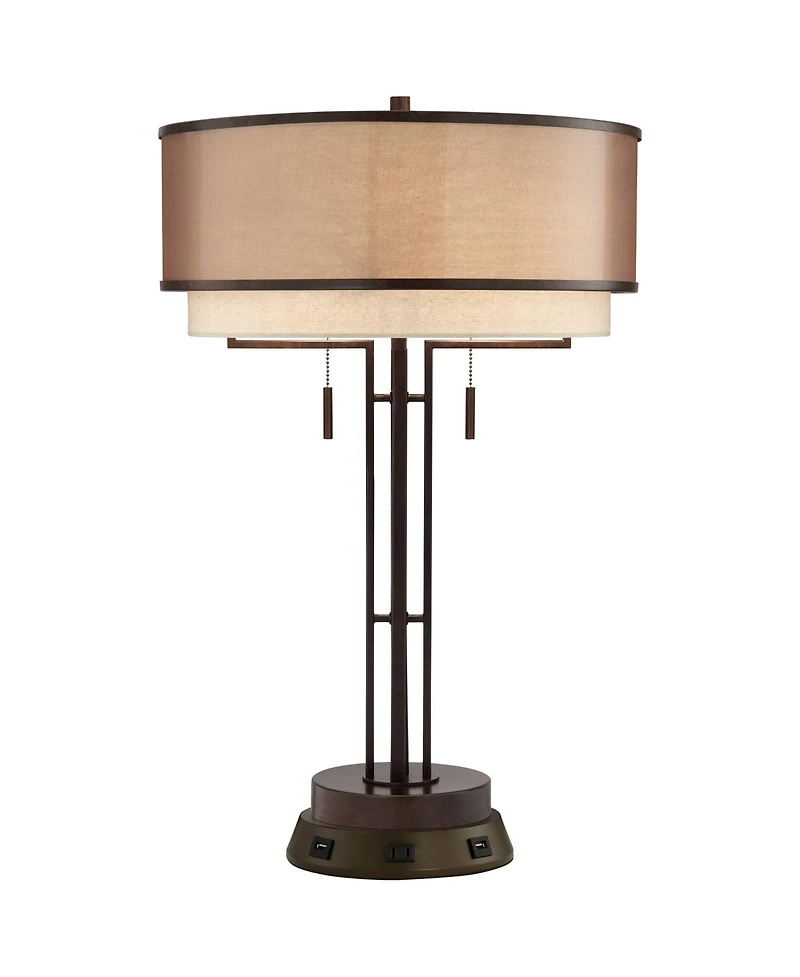 Franklin Iron Works Industrial Table Lamp with Usb and Ac Power Outlet Workstation Charging Base 26" High Bronze Double Shade Living Room