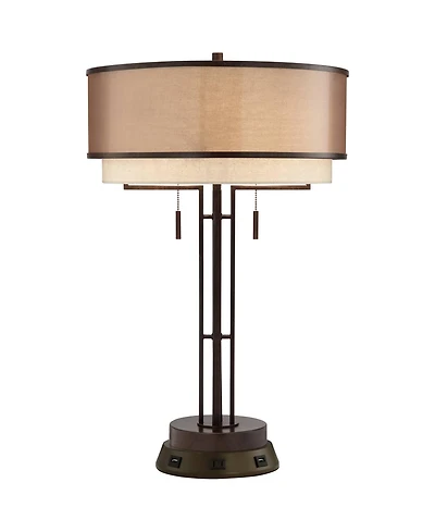 Franklin Iron Works Industrial Table Lamp with Usb and Ac Power Outlet Workstation Charging Base 26" High Bronze Double Shade Living Room
