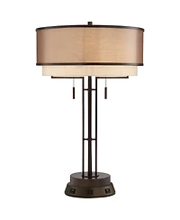 Franklin Iron Works Industrial Table Lamp with Usb and Ac Power Outlet Workstation Charging Base 26" High Bronze Double Shade Living Room
