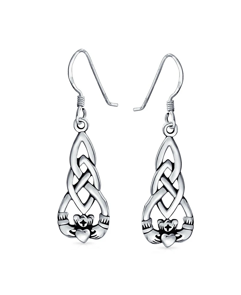 Bling Jewelry Friendship Bff Heart Circle Irish Love Symbol Celtic Claddagh Dangle Earrings Oxidized Sterling Silver Fish Hook