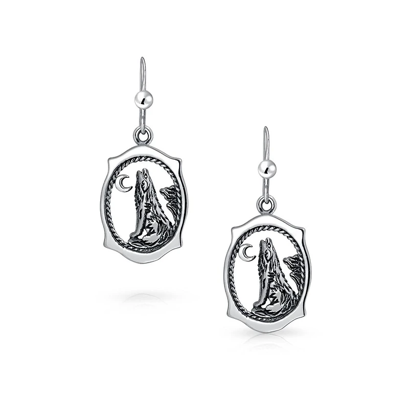 Bling Jewelry Oval Animal Totem Amulet Wicca Jewelry Crescent Moon And Stars Werewolf Celestial Howling Wolf Dangling Earrings Oxidized Sterling Silve