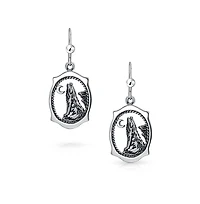 Bling Jewelry Oval Animal Totem Amulet Wicca Jewelry Crescent Moon And Stars Werewolf Celestial Howling Wolf Dangling Earrings Oxidized Sterling Silve