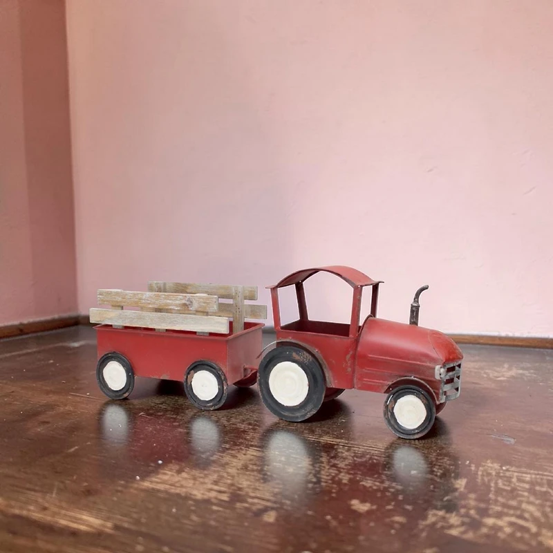 Slickblue Iron Metal Tractor With Wagon Decor With Wood Accents 27.5"l