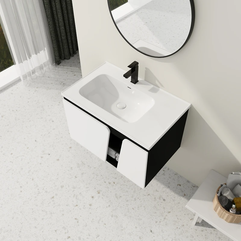 Wall-Mounted Vanity Double Door, Ceramic Basin, Soft-Close Doors, Eco-Friendly
