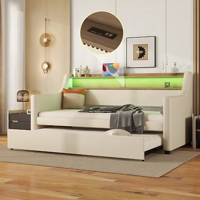 Simplie Fun Twin Size Daybed with Trundle, Upholstered Daybed with Charging Station and Led Lights, Beige