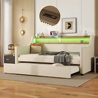 Simplie Fun Twin Size Daybed with Trundle, Upholstered Daybed with Charging Station and Led Lights, Beige