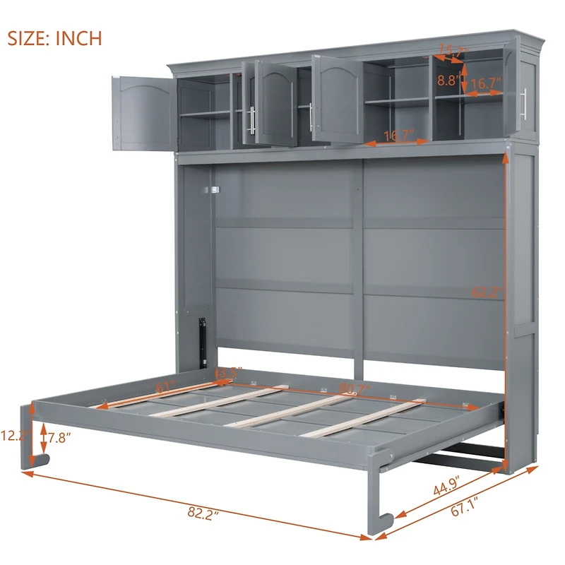 Streamdale Queen Murphy Bed Wall with Top Cabinets, Gray