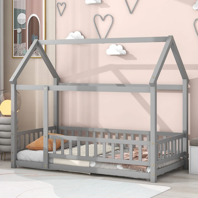 Streamdale Twin Size Wooden House Bed with Guardrails