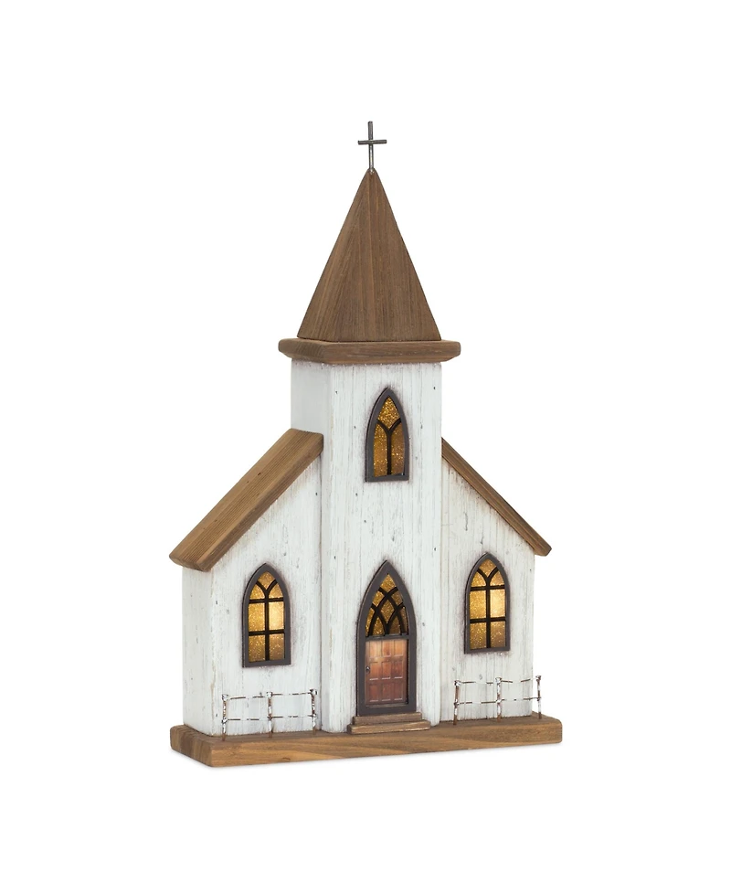 Slickblue Lighted Natural Wooden Church Display with Rustic Metal Accents, 17.75"H