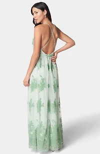 Bebe Women's Plunge Neck Embroidered Maxi Dress