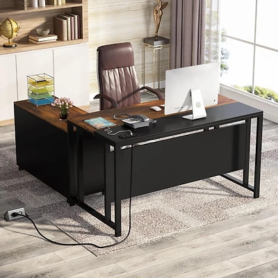 Tribesigns L-Shaped Computer Desk with Power Outlet and Drawer Cabinet, 55 inch Large Executive Office Desk with Lateral File Cabinet