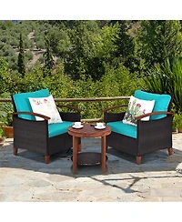 Gymax 3PCS Patio Wicker Rattan Conversation Set Outdoor Furniture Set w/ Turquoise Cushion