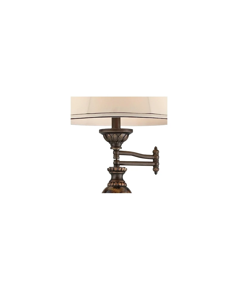 Mulholland Rustic Vintage like Swing Arm Floor Lamp Standing 61" Tall Bronze Marble Font Ivory Faux Silk Drum Shade Decor for Living Room Reading