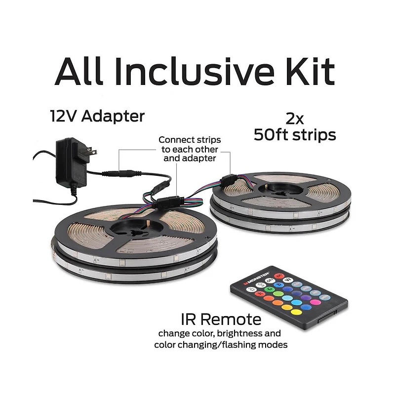 Monster Cable 100ft Multi-Color Led Light Strip with Remote