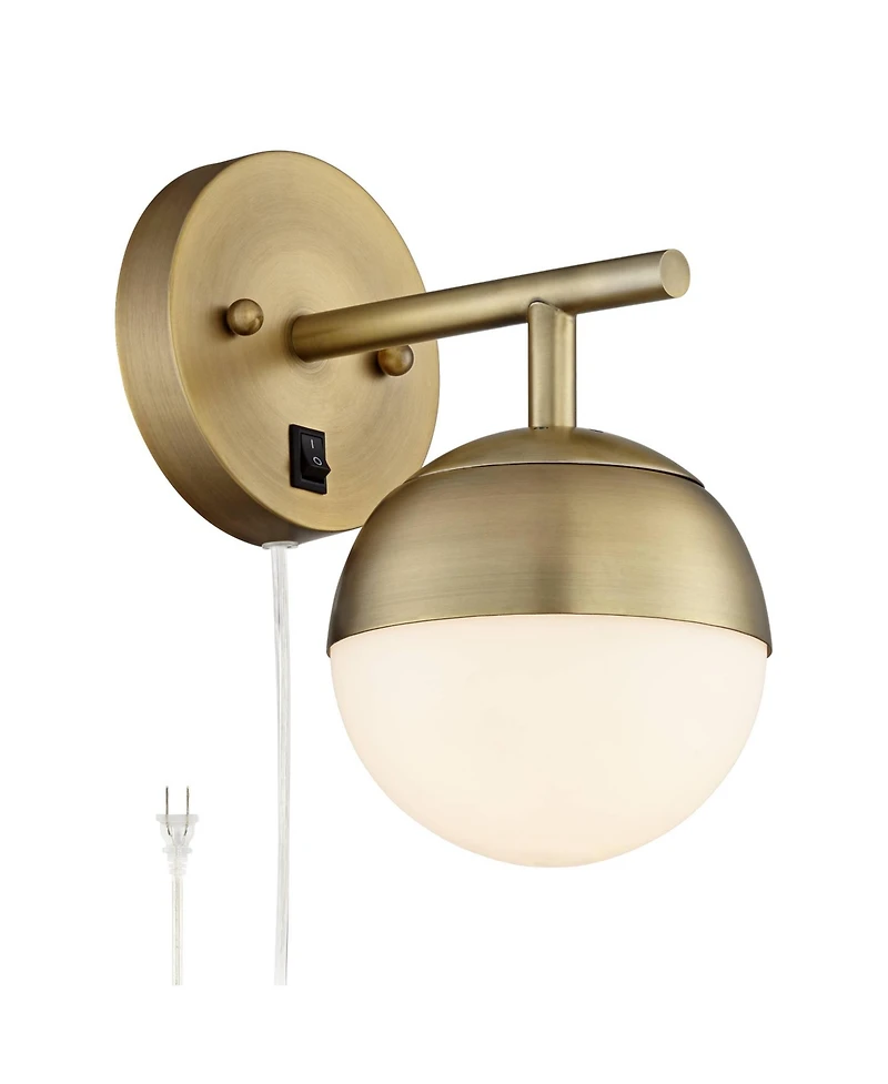 360 Lighting Luna Mid Century Modern Wall Lamp Brass Plug-in 5 1/2" Light Fixture Frosted Glass Globe for Bedroom Reading Living Room Hallway Hou