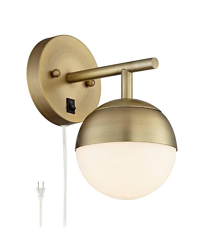360 Lighting Luna Mid Century Modern Wall Lamp Brass Plug-in 5 1/2" Light Fixture Frosted Glass Globe for Bedroom Reading Living Room Hallway Hou