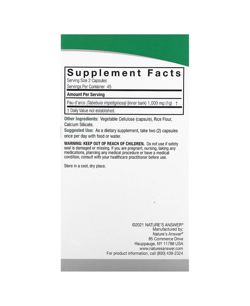 Nature's Answer Pau D'Arco 1 000 mg - 90 Vegetarian Capsules (500 mg per Capsule)