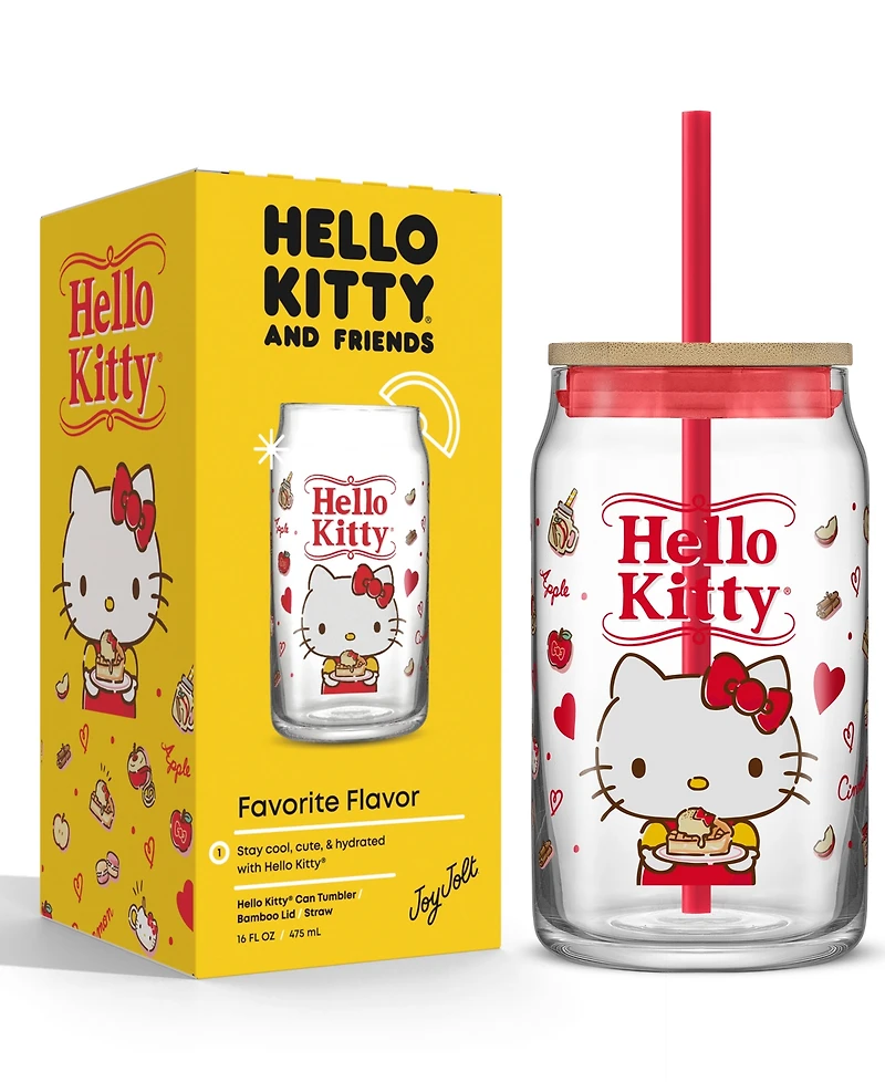 JoyJolt Hello Kitty and Friends Favorite Flavor Hello Kitty Can Shaped Glass Tumbler with Wood Lid and Straw