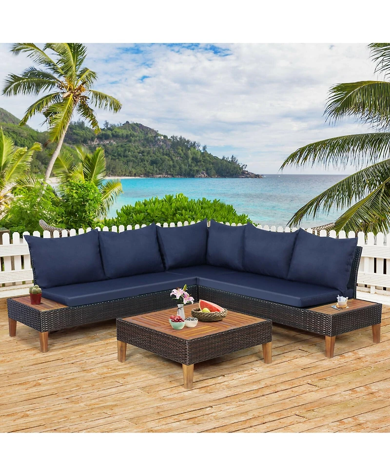 Gymax 4PCS Acacia Wood Patio Furniture Set Rattan Conversation Set w/ Navy Cushions