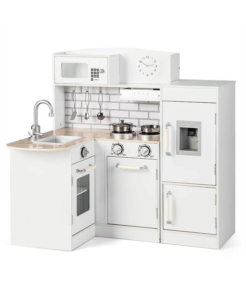 Costway Kids Corner Kitchen Playset Wooden Play Kitchen with Microwave&Fridge