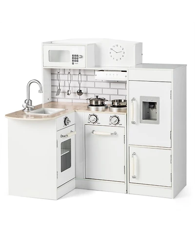 Costway Kids Corner Kitchen Playset Wooden Play Kitchen with Microwave&Fridge