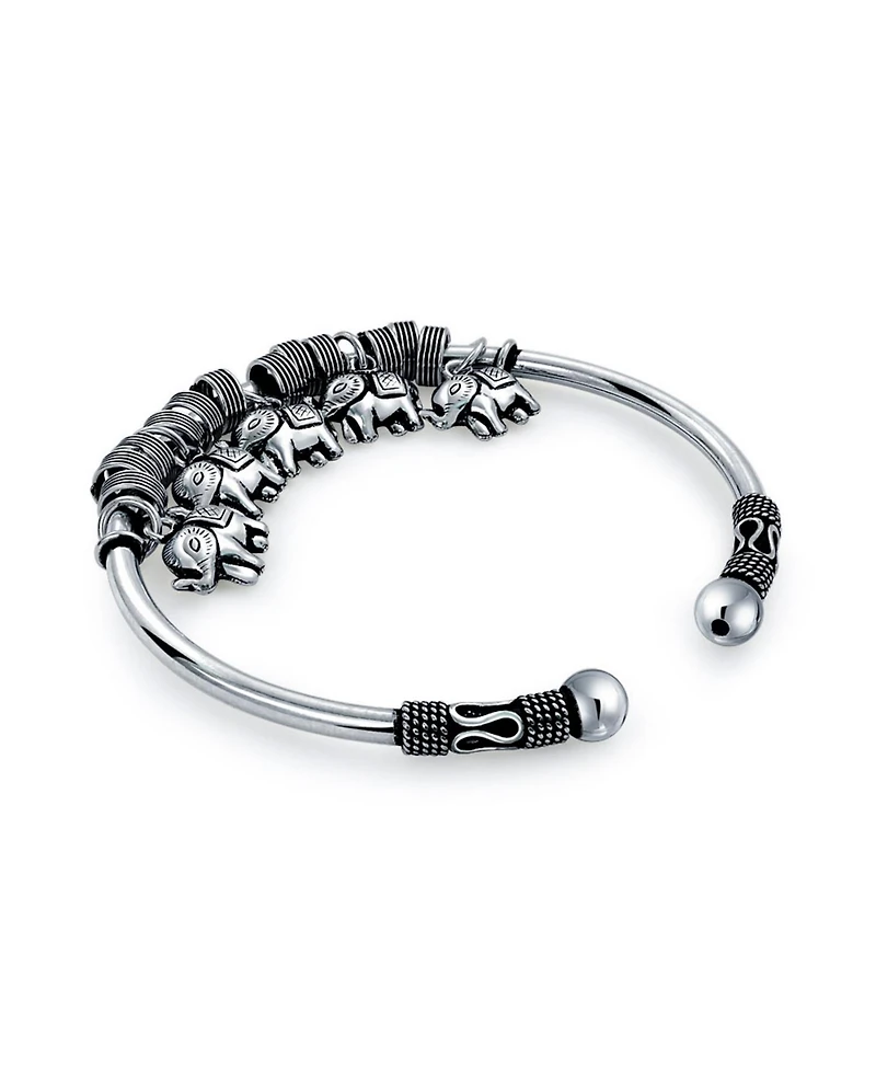 Bling Jewelry Bali Style 5 Charms Dangling Good Luck Elephant Bangle Cuff Bracelet Solid Heavy Sterling Silver