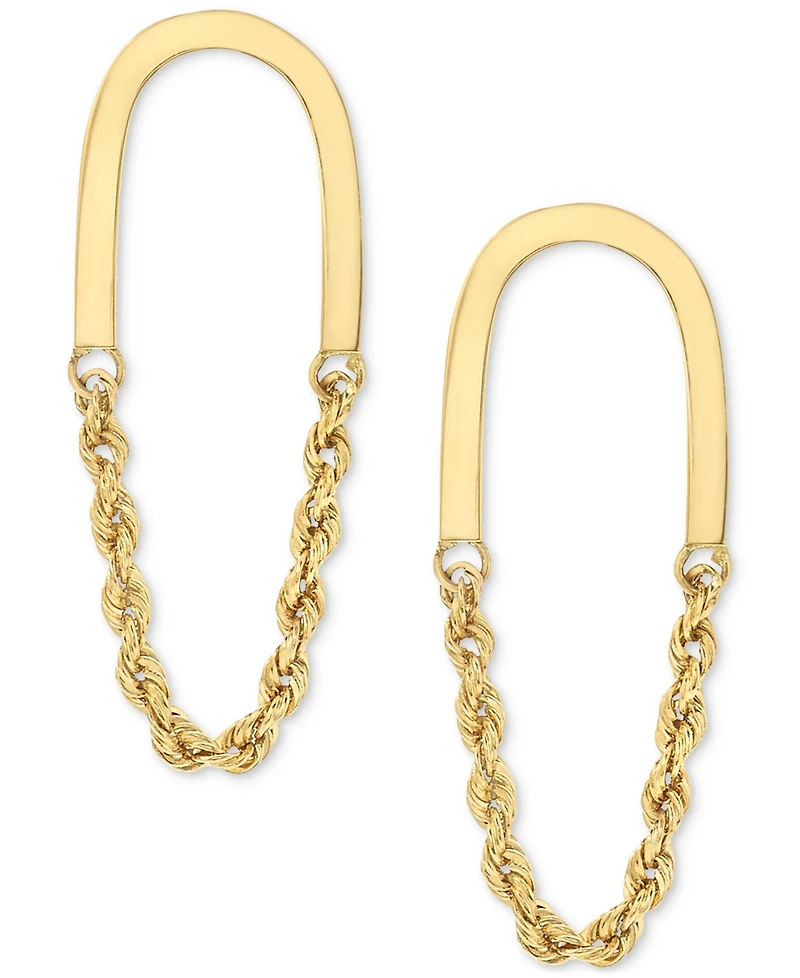 Polished U-Shaped Bar Rope Chain Link Drop Earrings in 10k Gold
