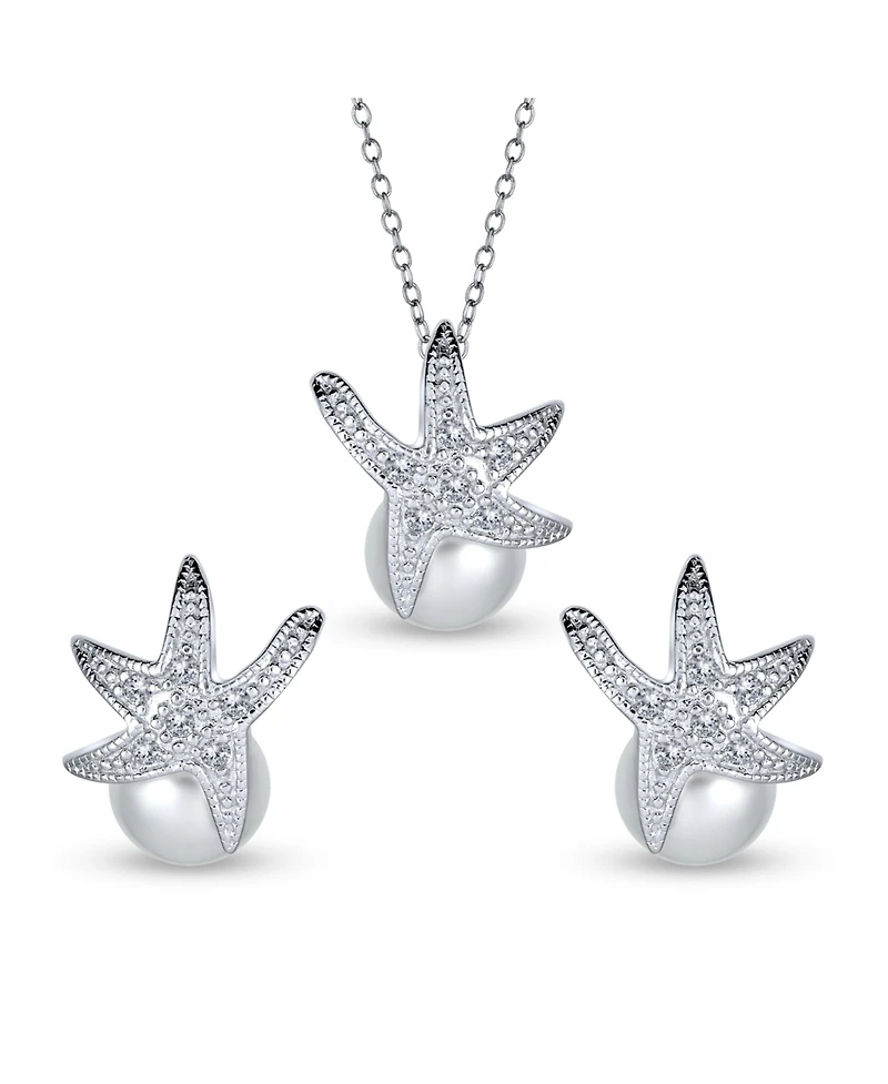 Bling Jewelry Nautical Round Simulated Pearl Starfish Pendant Necklace and Earrings Set Silver