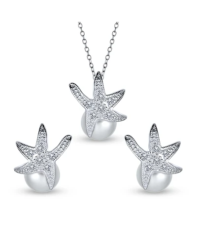 Bling Jewelry Nautical Round Simulated Pearl Starfish Pendant Necklace and Earrings Set Silver