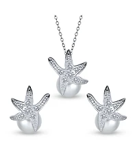 Bling Jewelry Nautical Round Simulated Pearl Starfish Pendant Necklace and Earrings Set Silver
