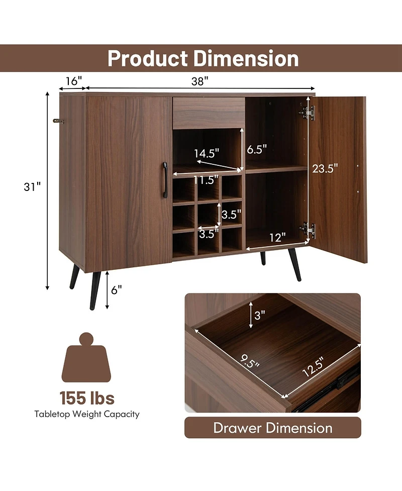 Costway Buffet Sideboard Cabinet Wine Bar Cabinet with Drawer & Adjustable Shelves