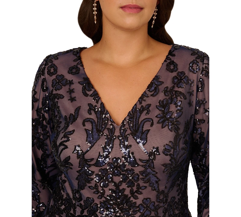 Adrianna Papell Plus Size Beaded V-Neck 3/4-Sleeve Sheath Dress
