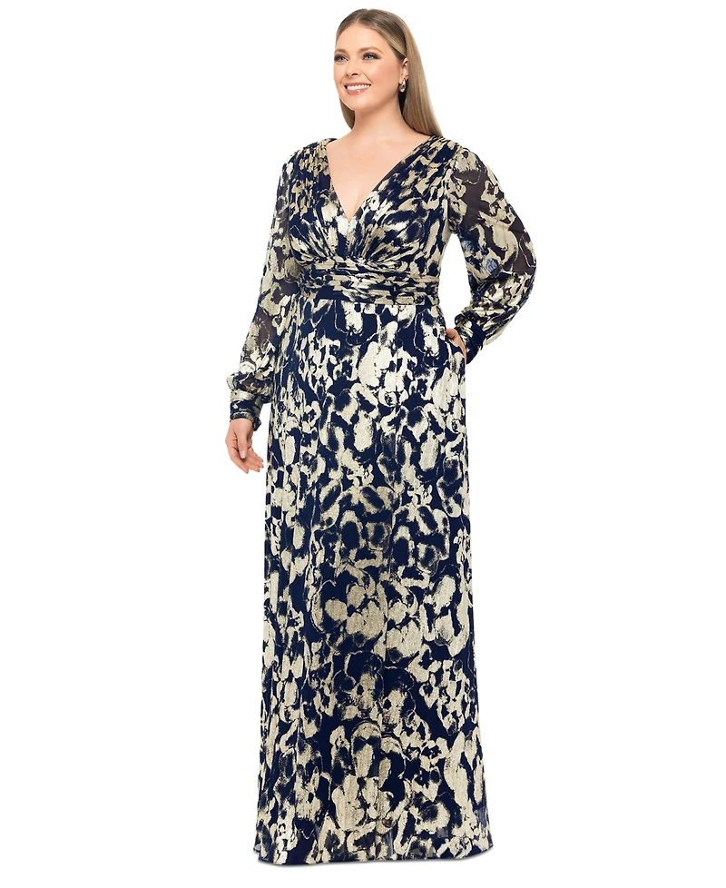 Betsy & Adam Plus V-Neck Foil Mesh A-Line Dress