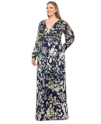 Betsy & Adam Plus V-Neck Foil Mesh A-Line Dress