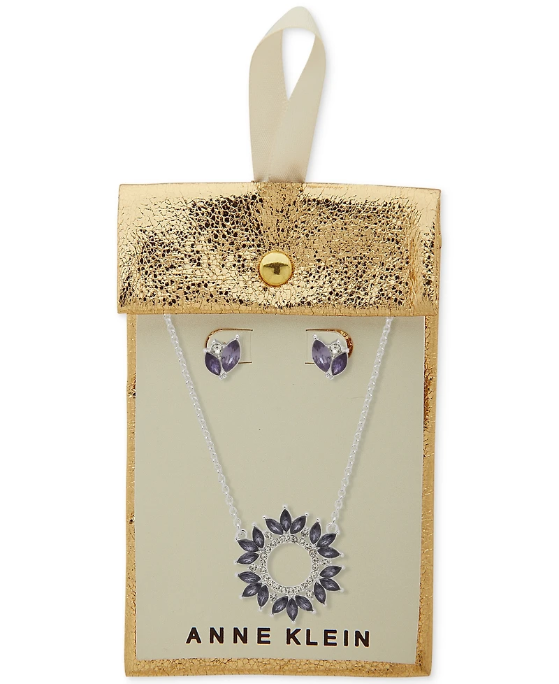Anne Klein Silver-Tone Pave & Stone Pendant Necklace & Stud Earrings Set