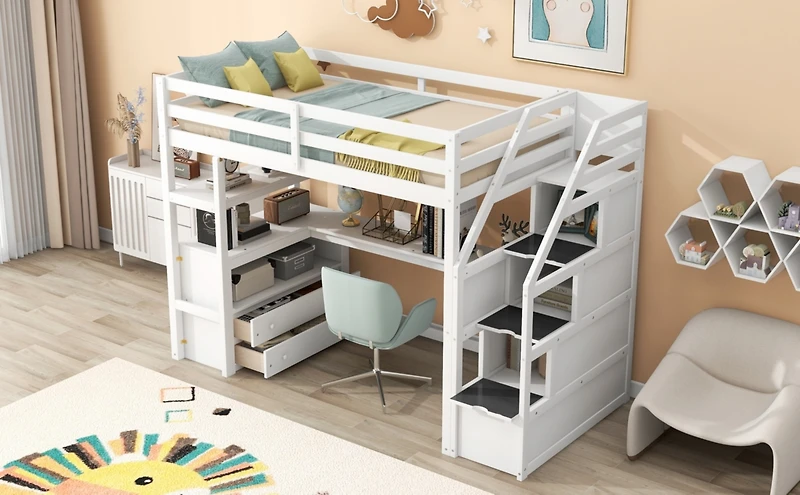 Streamdale Loft Bed with Desk, Drawers, Shelves & Staircase