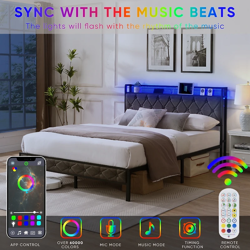 Streamdale Upholstered Queen Bed Frame with Storage and Led Lights