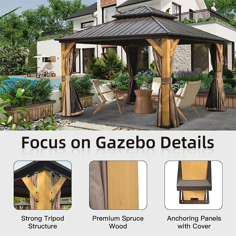 Streamdale Furniture 12'X12' Hardtop Gazebo with Cedar Wood Frame and Curtains