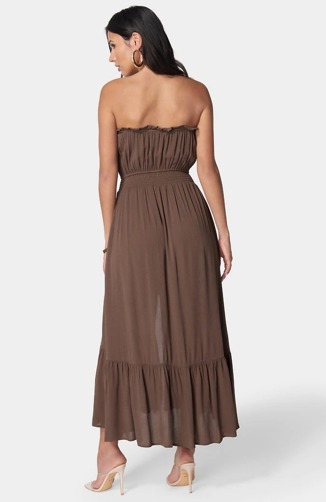 strapless ruched modal cashmere blend maxi dress in chestnut brown Ruched Panel Strapless Maxi Dress