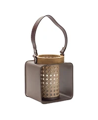 Slickblue Metal Candle Holder With Wood And Leather Accents