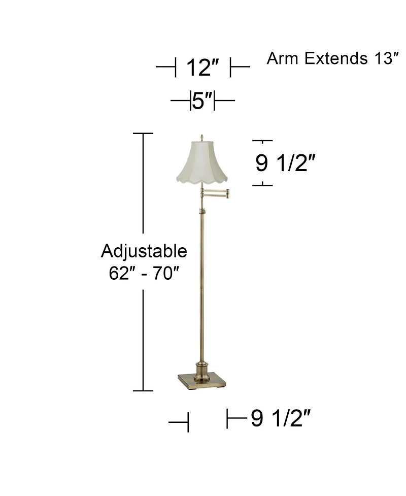 Westbury Traditional Swing Arm Floor Lamp Adjustable Height 70" Tall Antique Brass Imperial Scalloped Creme Fabric Bell Shade Decor for Living Room Re