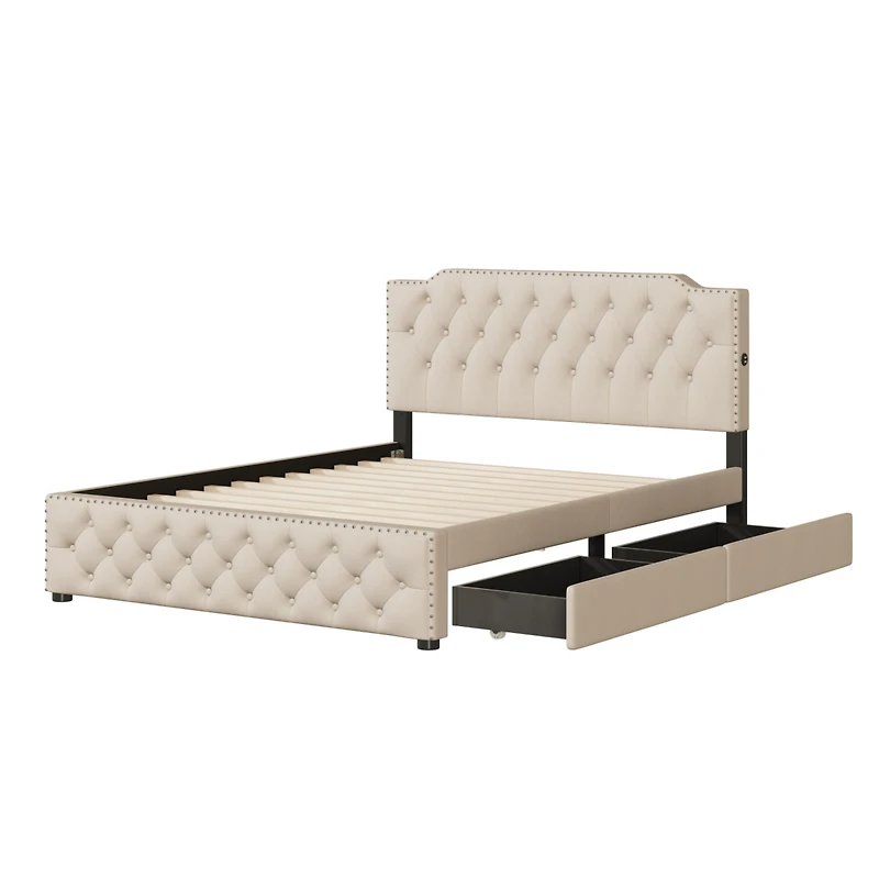 Streamdale Gray Linen Platform Bed with Usb Ports & Drawers