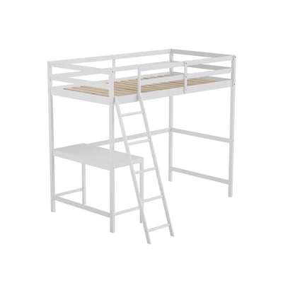 Emma+Oliver Ridley Twin Wood Loft Bed Frame With Protective Guardrails And Integrated Desk Ladder For Use Any 6-8" Thick Mattress