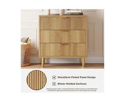 Idealhouse Wood color 3 Drawer Dresser for Bedroom, Wood Dresser with Metal Legs, 30” Tall Dresser Organizer, Modern Chest of Drawers, Large Dr